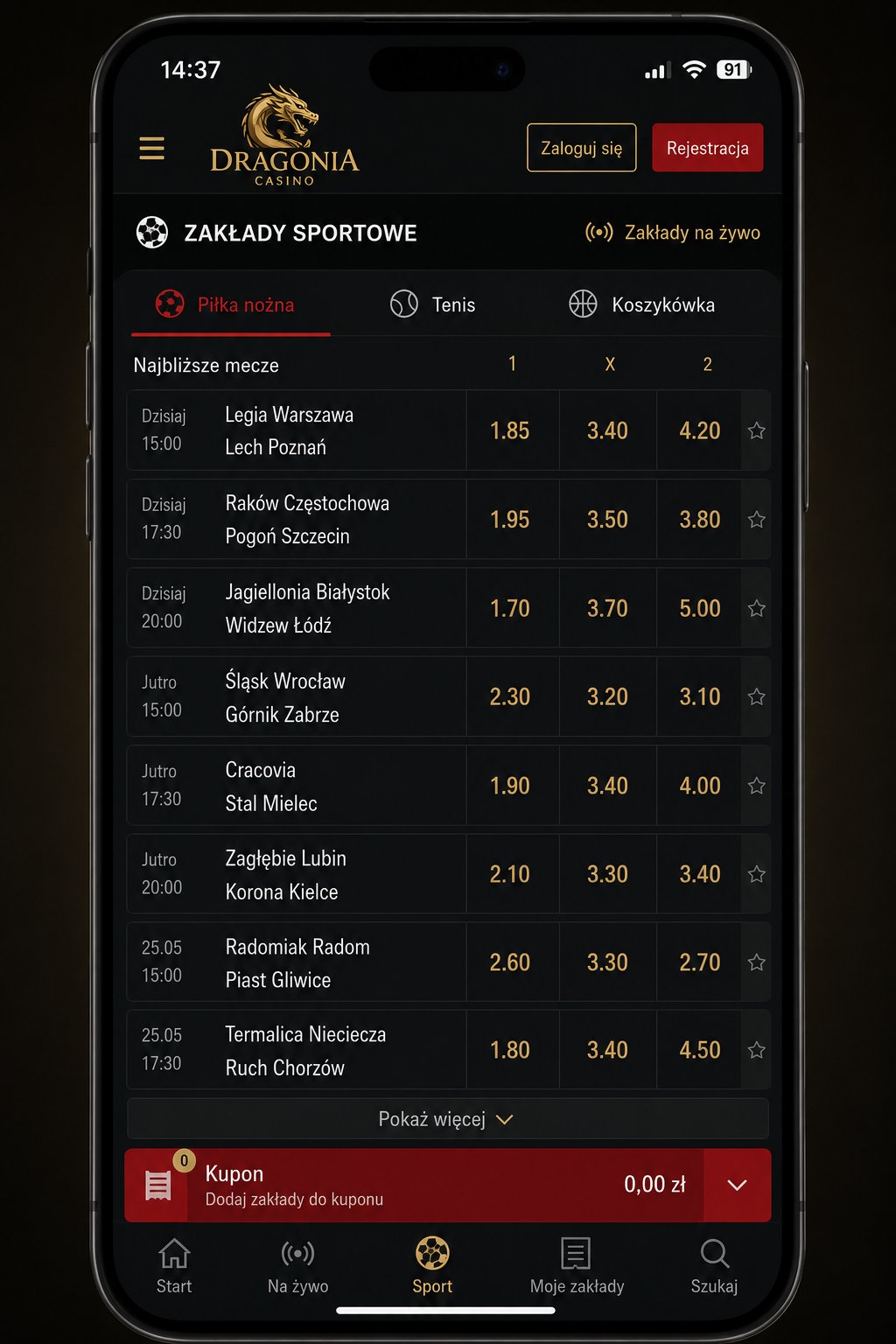 Zakłady sportowe (sportsbook) w aplikacji mobilnej Dragonia app